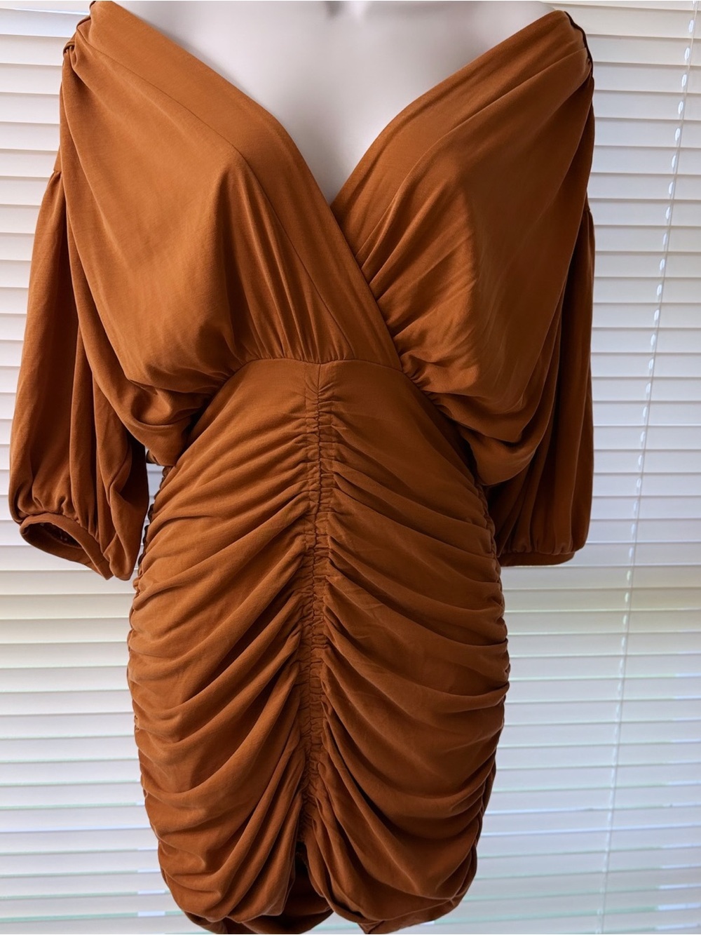 Forever 21 Rust-Brown Ruched V-Neck Mini Dress